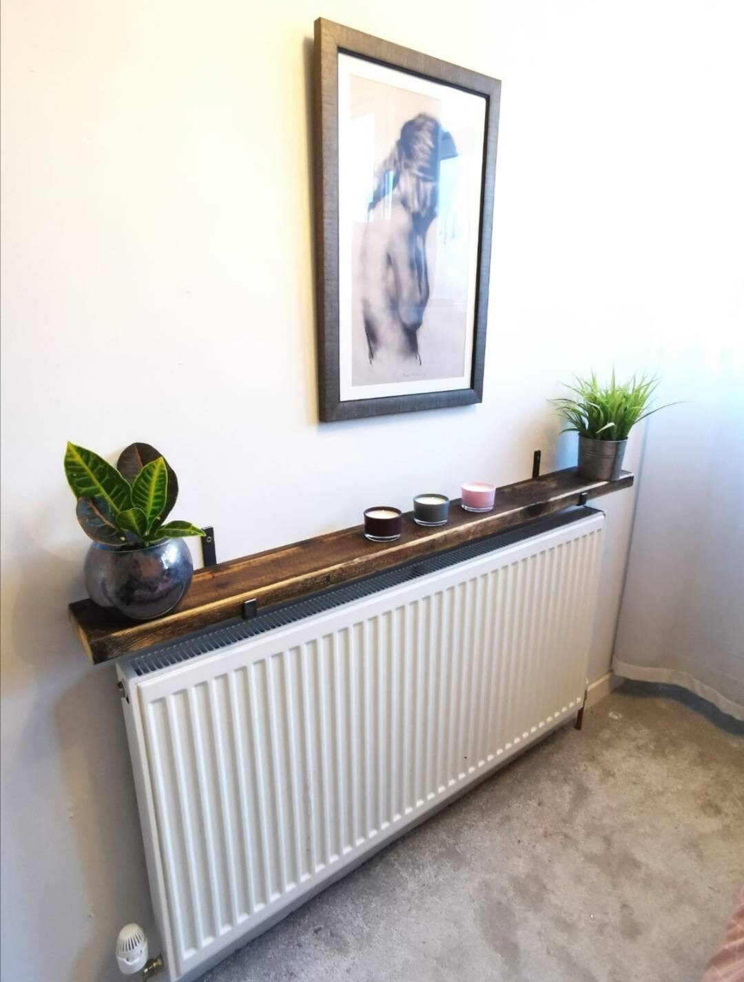 Rustic Radiator Shelf – Redwood Pine with Raw Steel Brackets