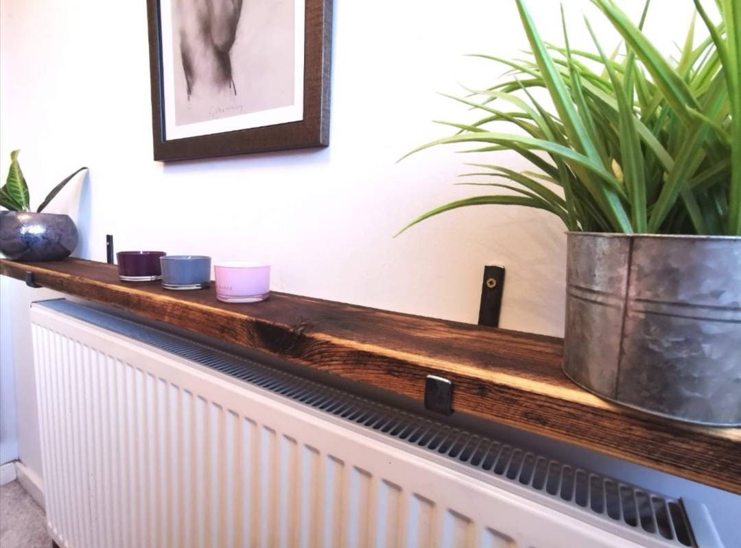 Rustic Radiator Shelf – Redwood Pine with Raw Steel Brackets
