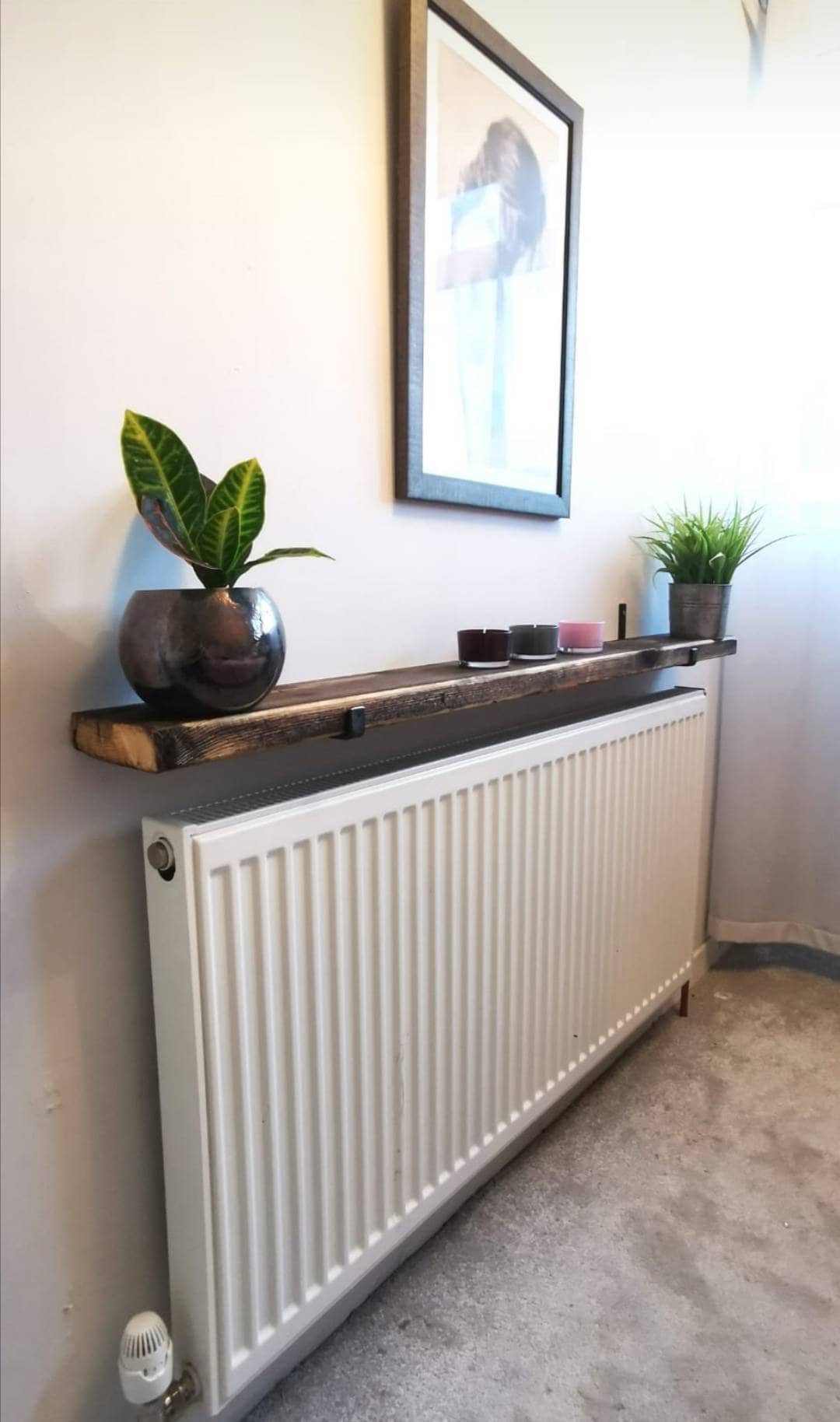 Rustic Radiator Shelf – Redwood Pine with Raw Steel Brackets