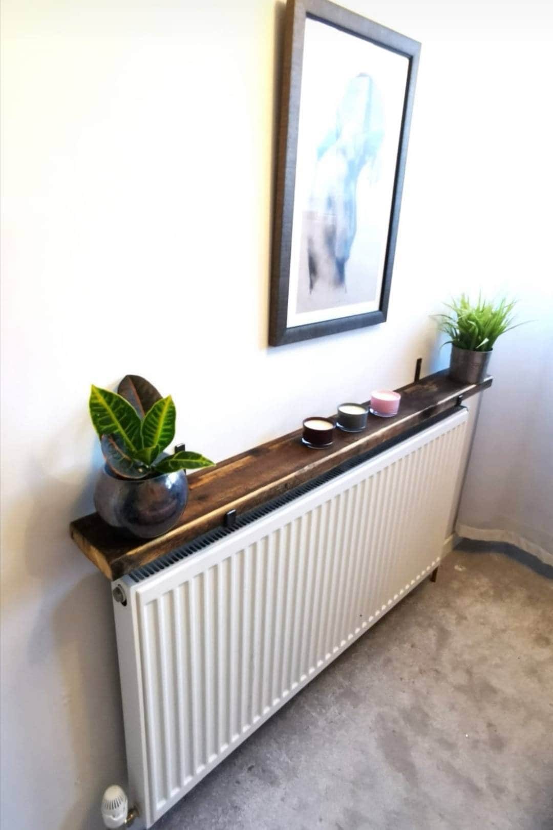 Rustic Radiator Shelf – Redwood Pine with Raw Steel Brackets