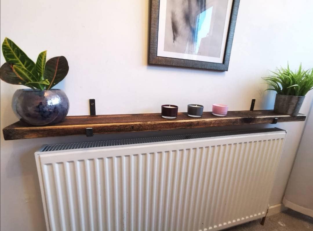Rustic Radiator Shelf – Redwood Pine with Raw Steel Brackets