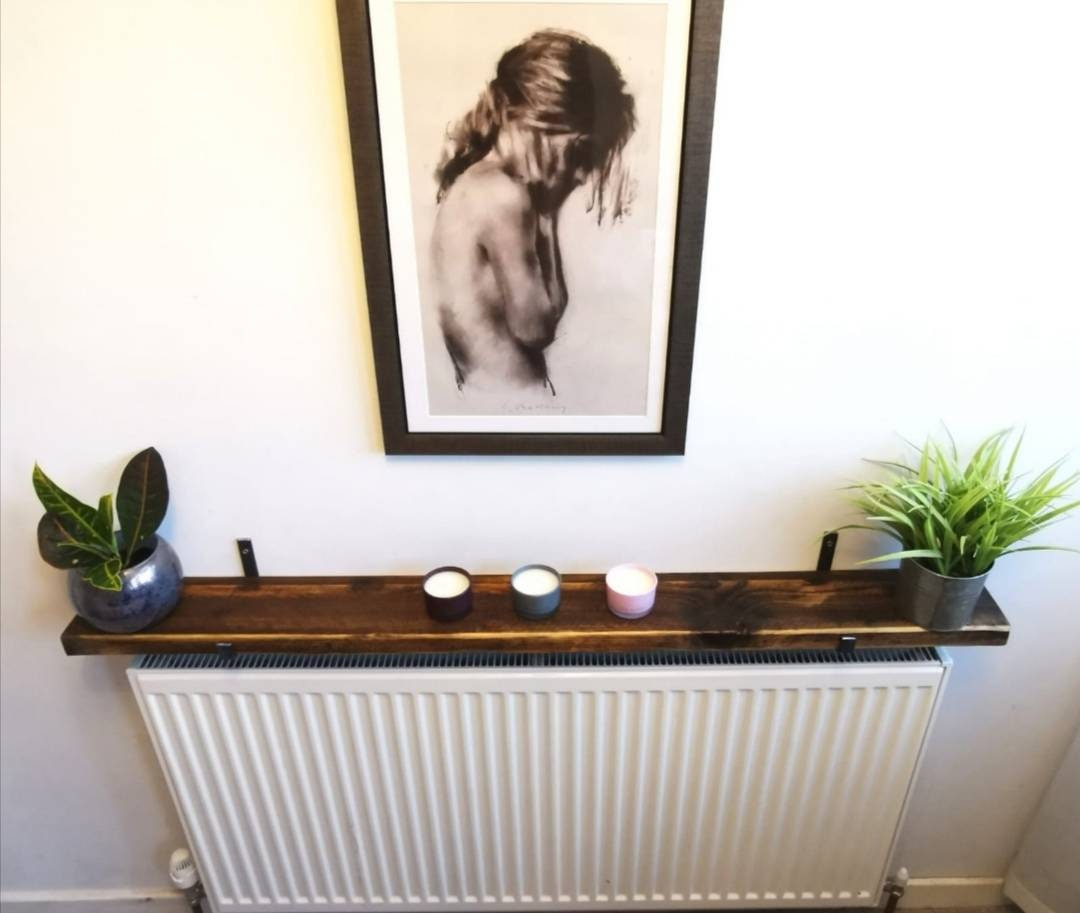 Rustic Radiator Shelf – Redwood Pine with Raw Steel Brackets