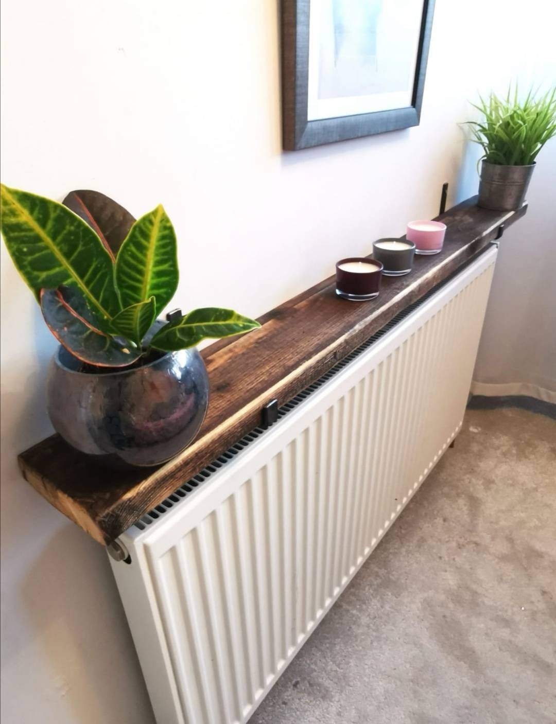 Rustic Radiator Shelf – Redwood Pine with Raw Steel Brackets
