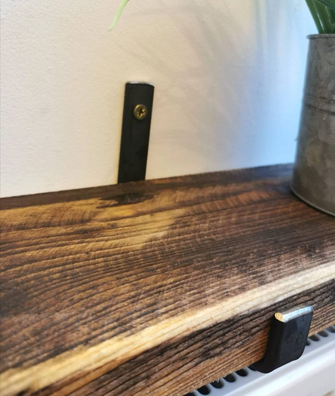 Rustic Radiator Shelf – Redwood Pine with Raw Steel Brackets