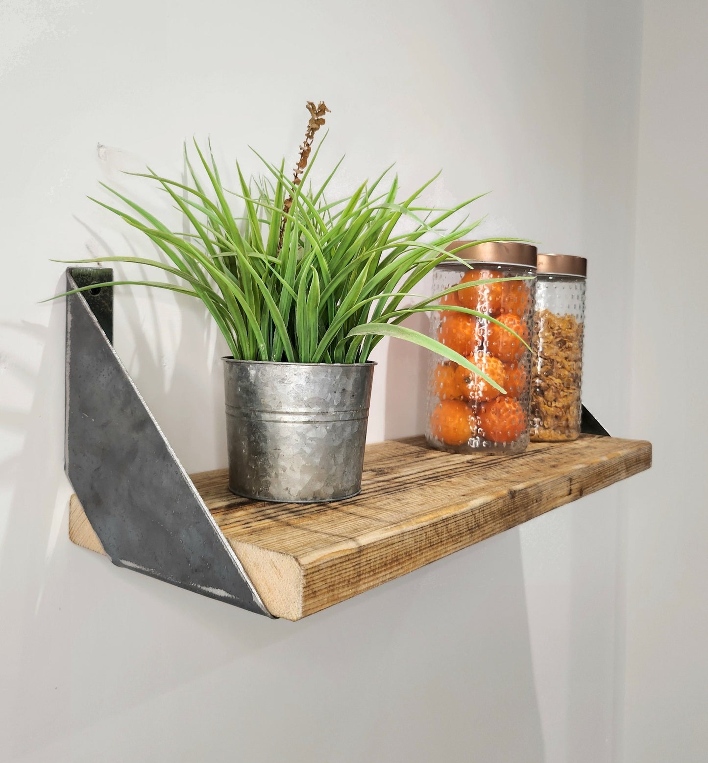 Rustic Shelf & Raw Steel Brackets – Handmade Wooden Shelf – Industrial Wall Shelving – UK Made – Free UK Delivery
