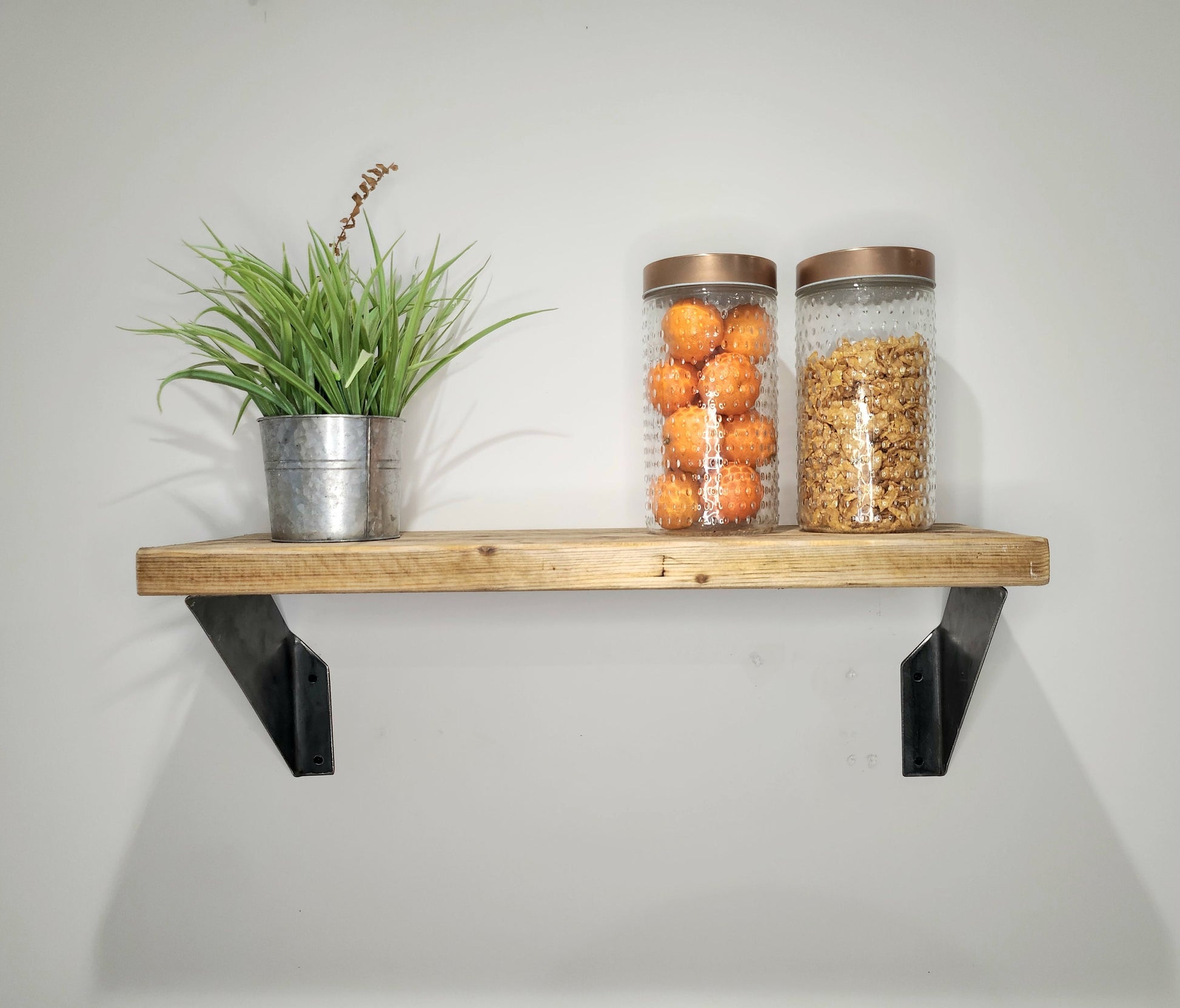 Rustic Shelf & Raw Steel Brackets – Handmade Wooden Shelf – Industrial Wall Shelving – UK Made – Free UK Delivery