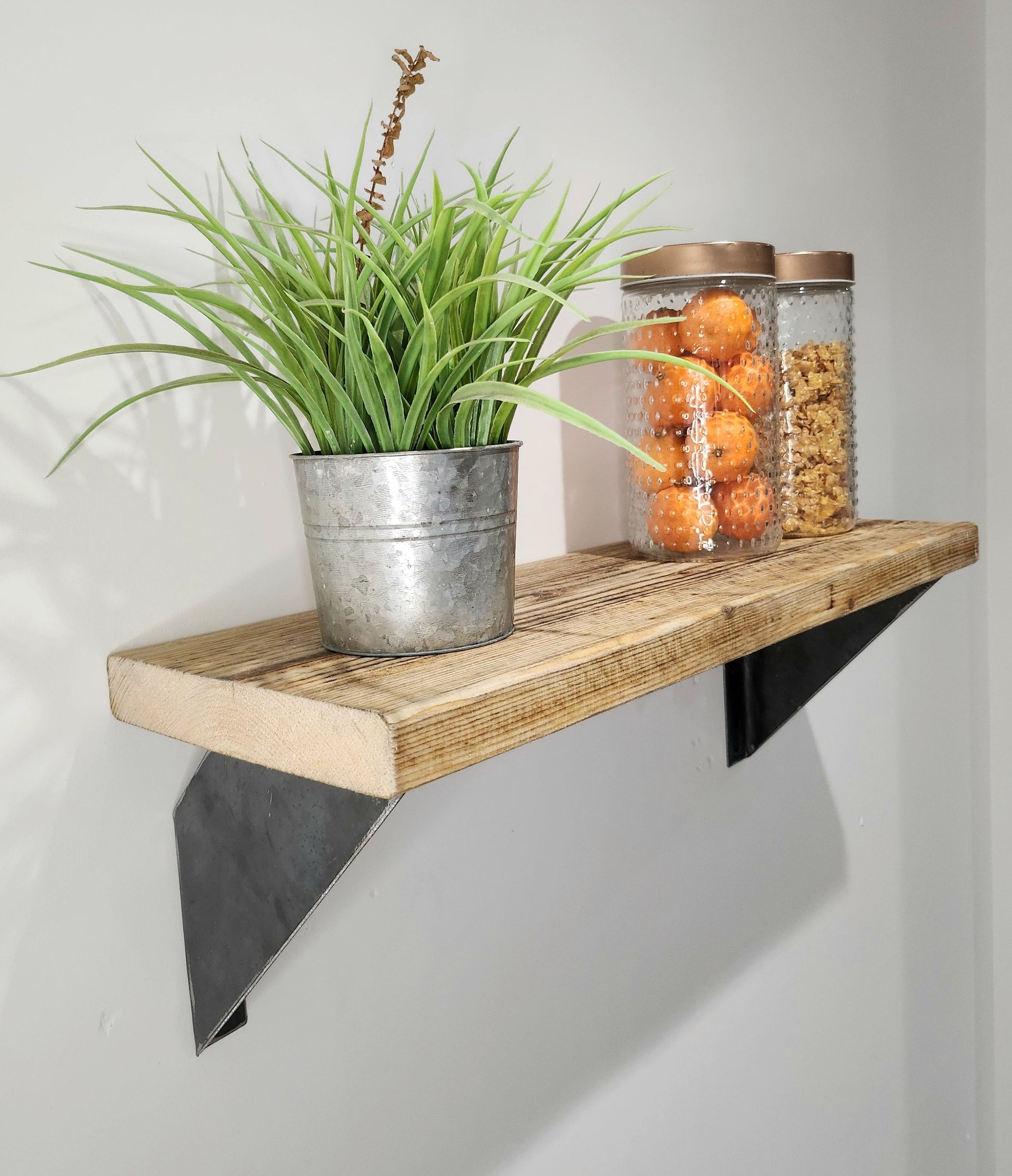 Rustic Shelf & Raw Steel Brackets – Handmade Wooden Shelf – Industrial Wall Shelving – UK Made – Free UK Delivery