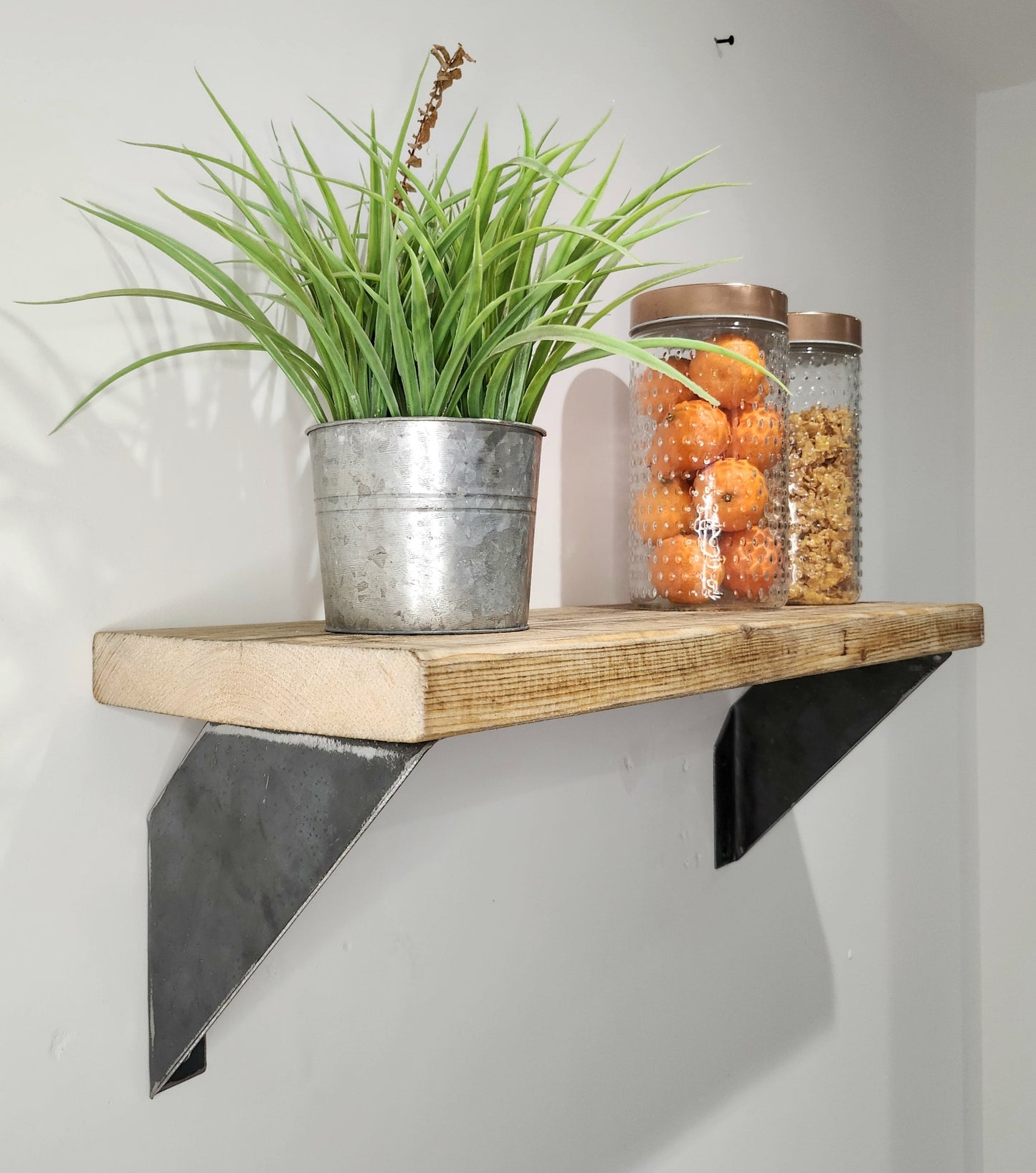 Rustic Shelf & Raw Steel Brackets – Handmade Wooden Shelf – Industrial Wall Shelving – UK Made – Free UK Delivery