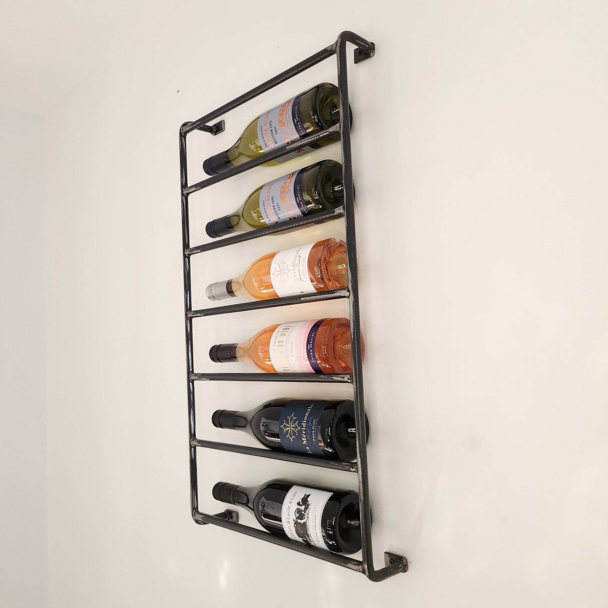 Rustic Wine Rack | Industrial Wall Wine Storage | Handmade Wood & Steel Bottle Rack | UK Made Bar Shelf
