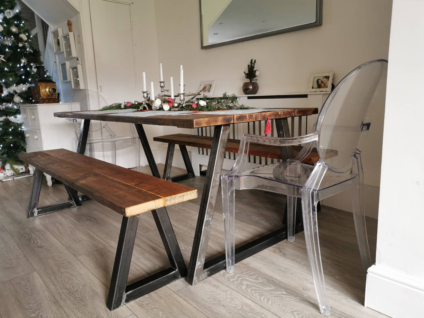 Urban Industrial Table | Raw Steel & Scandinavian Redwood Pine Dining Table | Handmade UK Modern Rustic Furniture