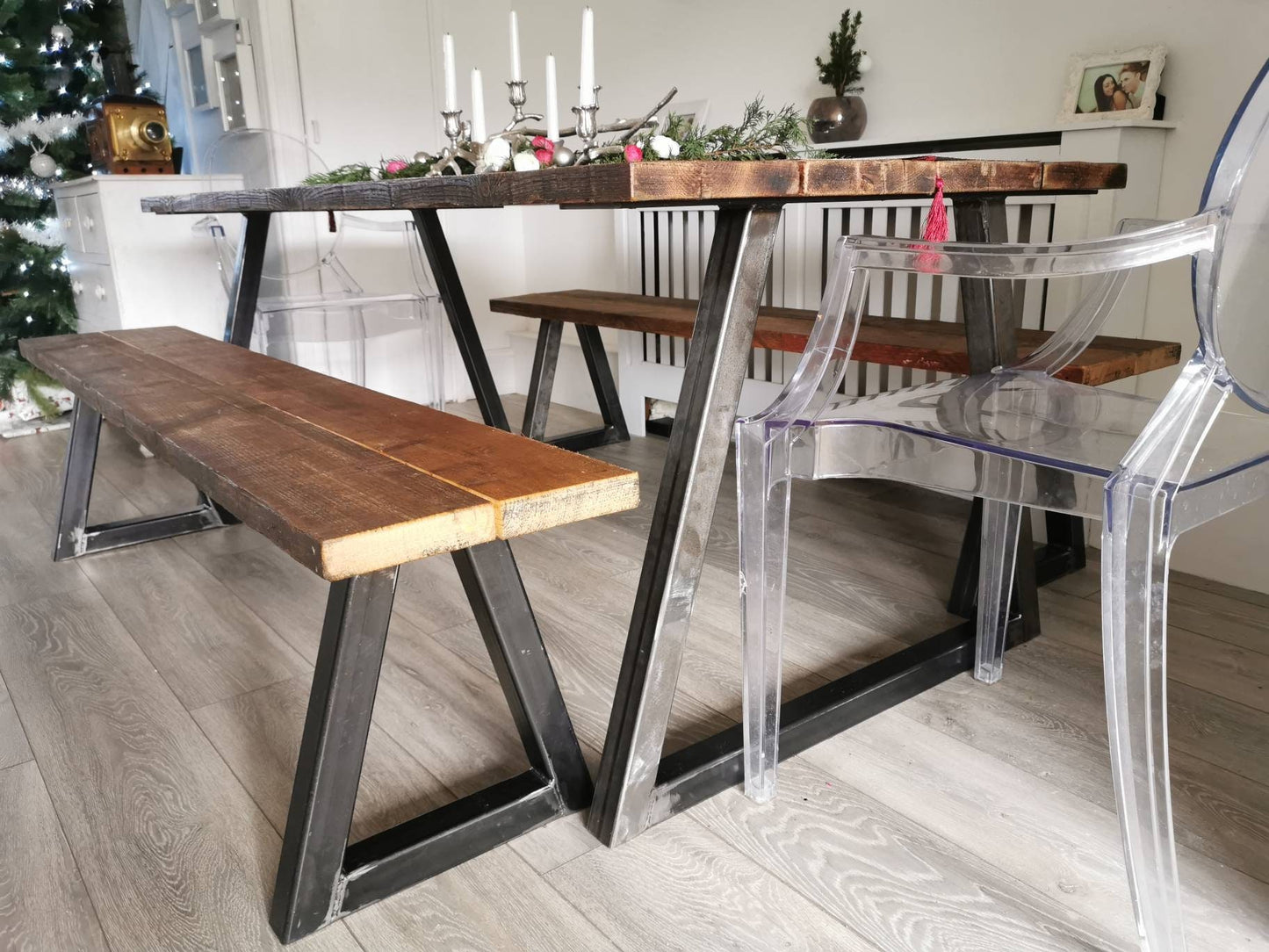 Urban Industrial Table | Raw Steel & Scandinavian Redwood Pine Dining Table | Handmade UK Modern Rustic Furniture