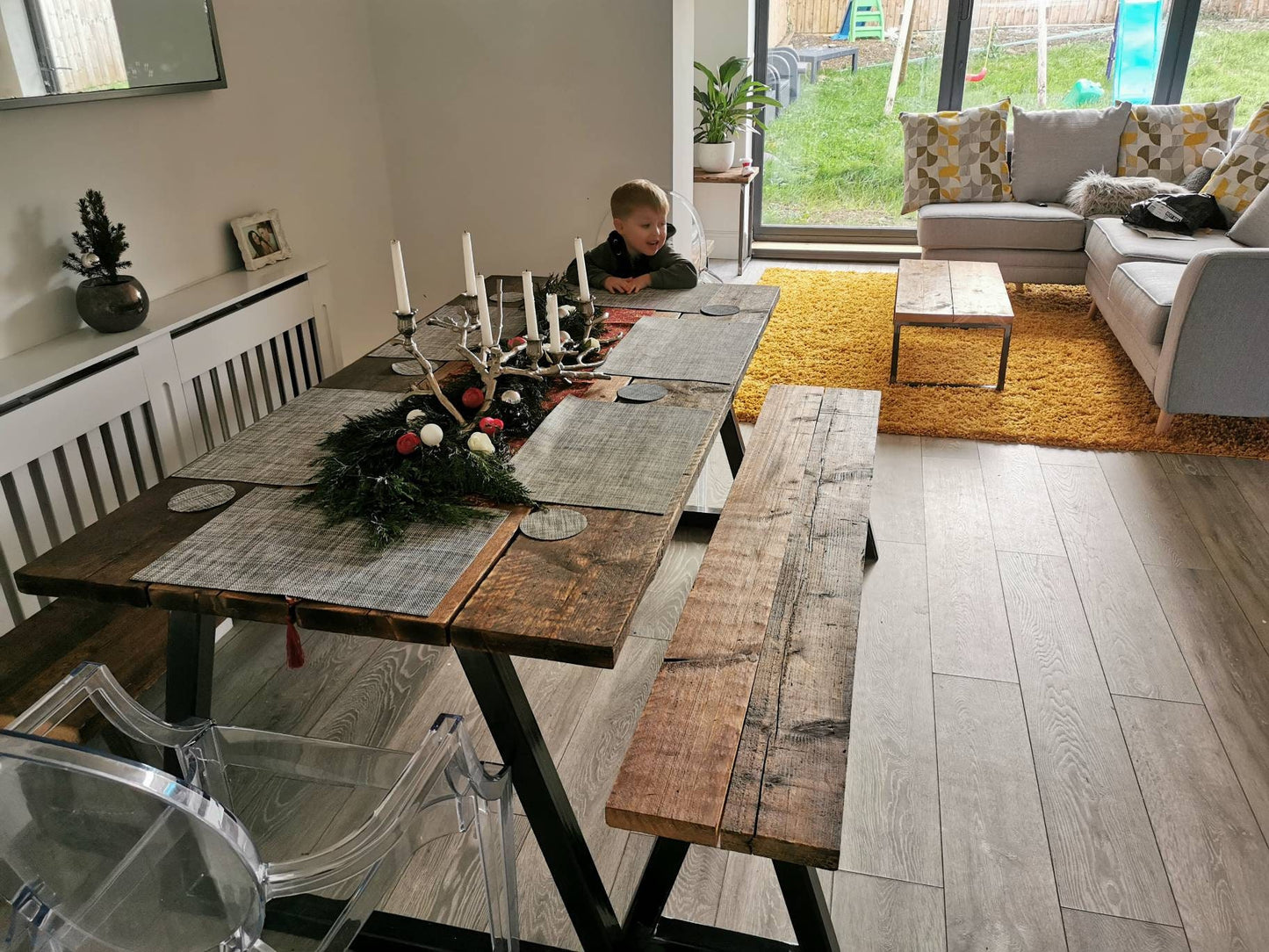 Urban Industrial Table | Raw Steel & Scandinavian Redwood Pine Dining Table | Handmade UK Modern Rustic Furniture