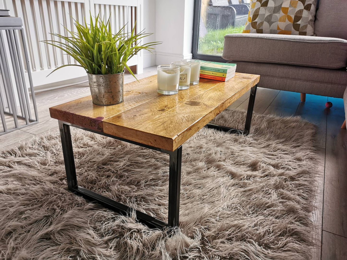 Industrial Raw Steel and Reclaimed Scaffold Board Coffee Table