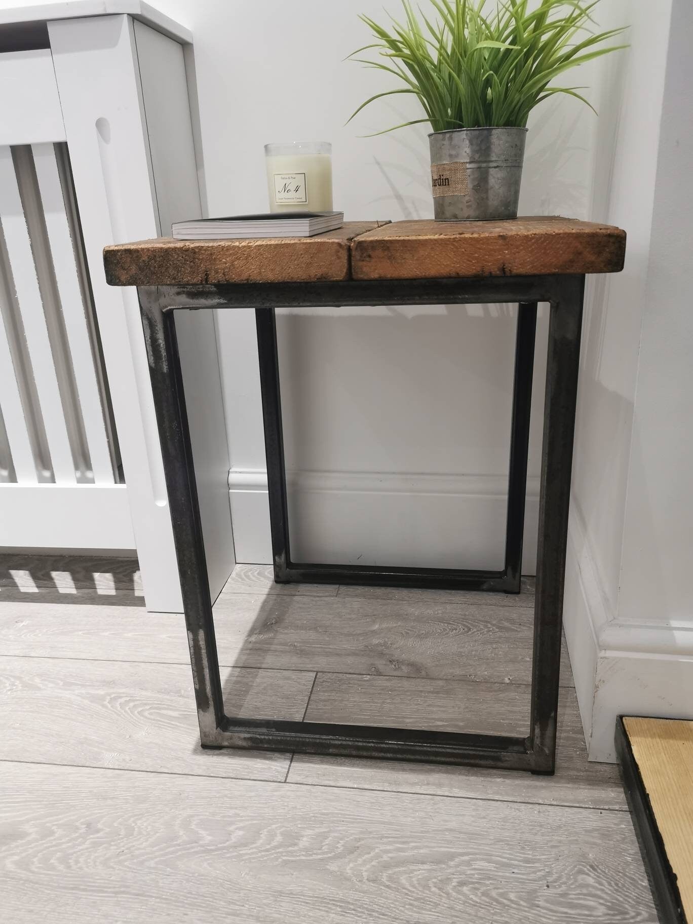 Industrial Raw Steel and Reclaimed Scaffold Board Side Table