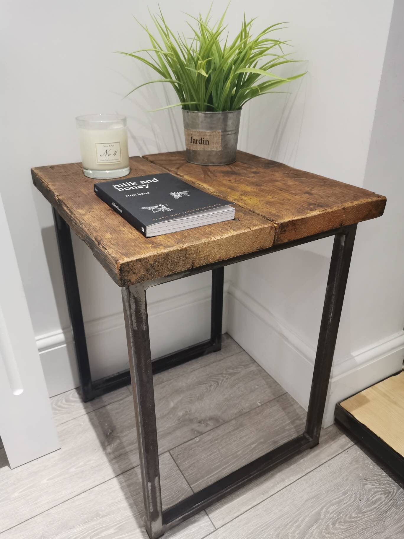 Industrial Raw Steel and Reclaimed Scaffold Board Side Table