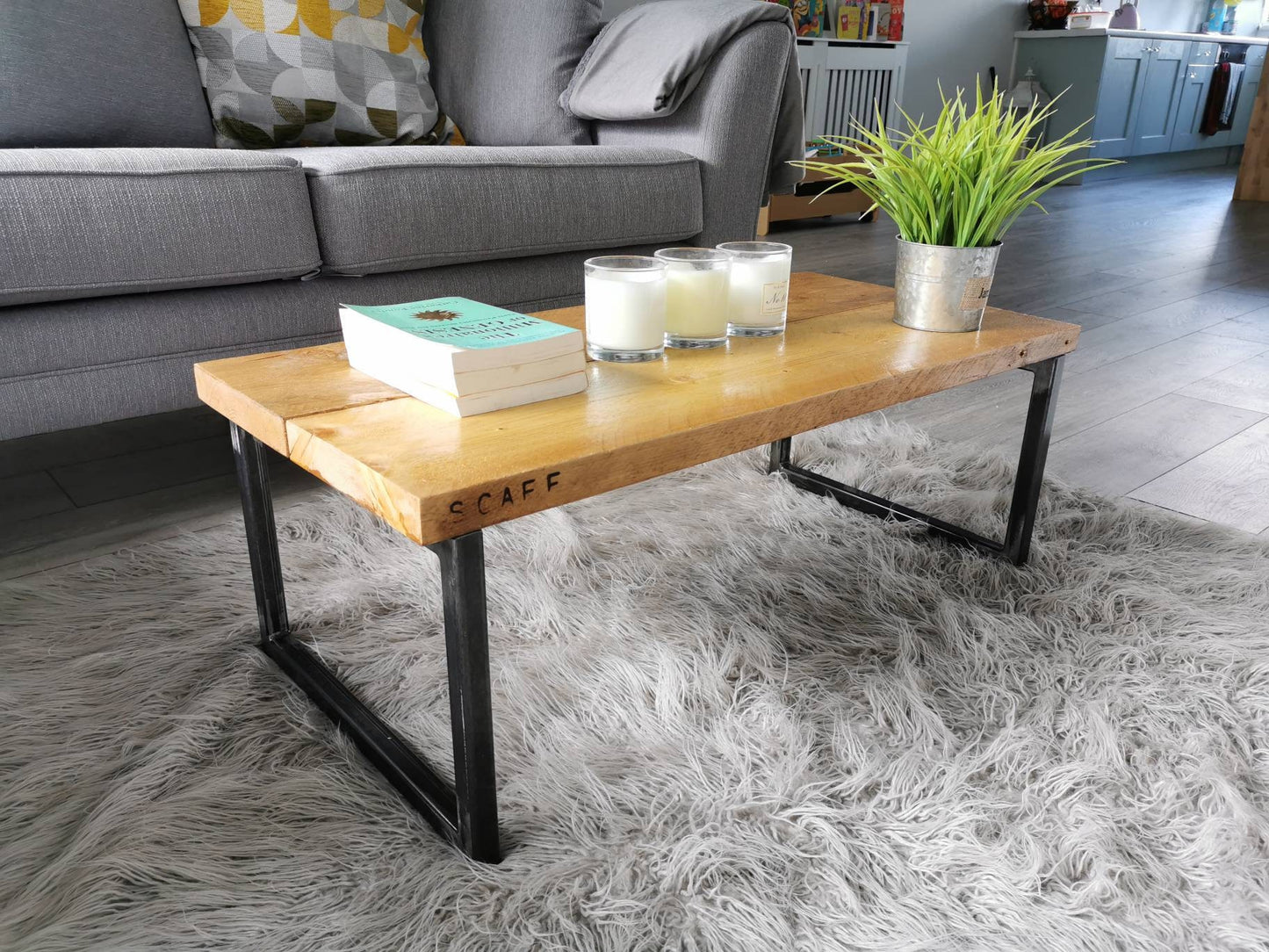 Industrial Raw Steel and Reclaimed Scaffold Board Coffee Table