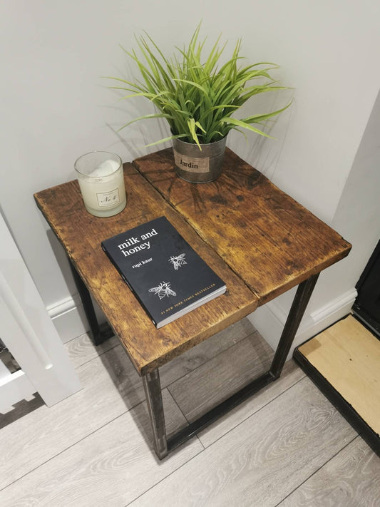 Industrial Raw Steel and Reclaimed Scaffold Board Side Table