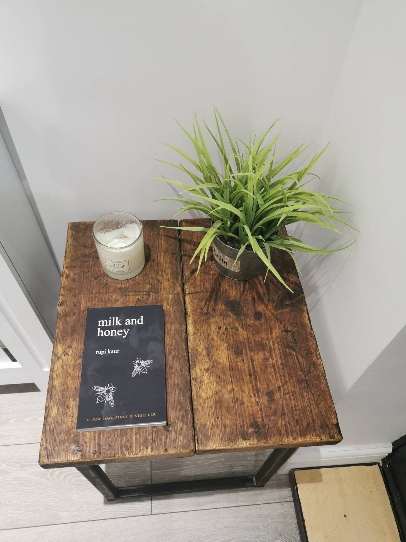 Industrial Raw Steel and Reclaimed Scaffold Board Side Table