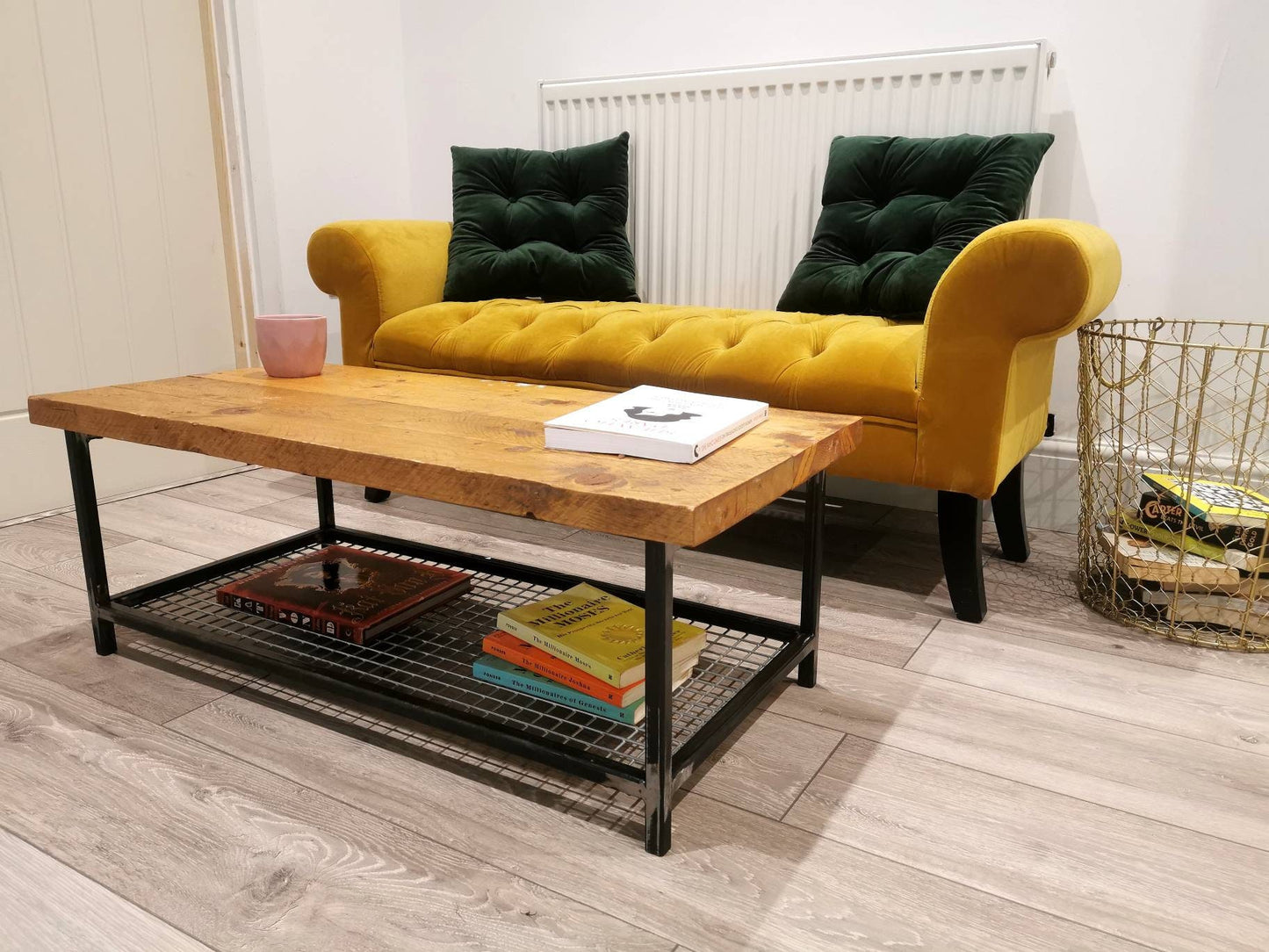 Industrial Raw Steel and Reclaimed Scaffold Board Coffee Table with Mesh Shelf