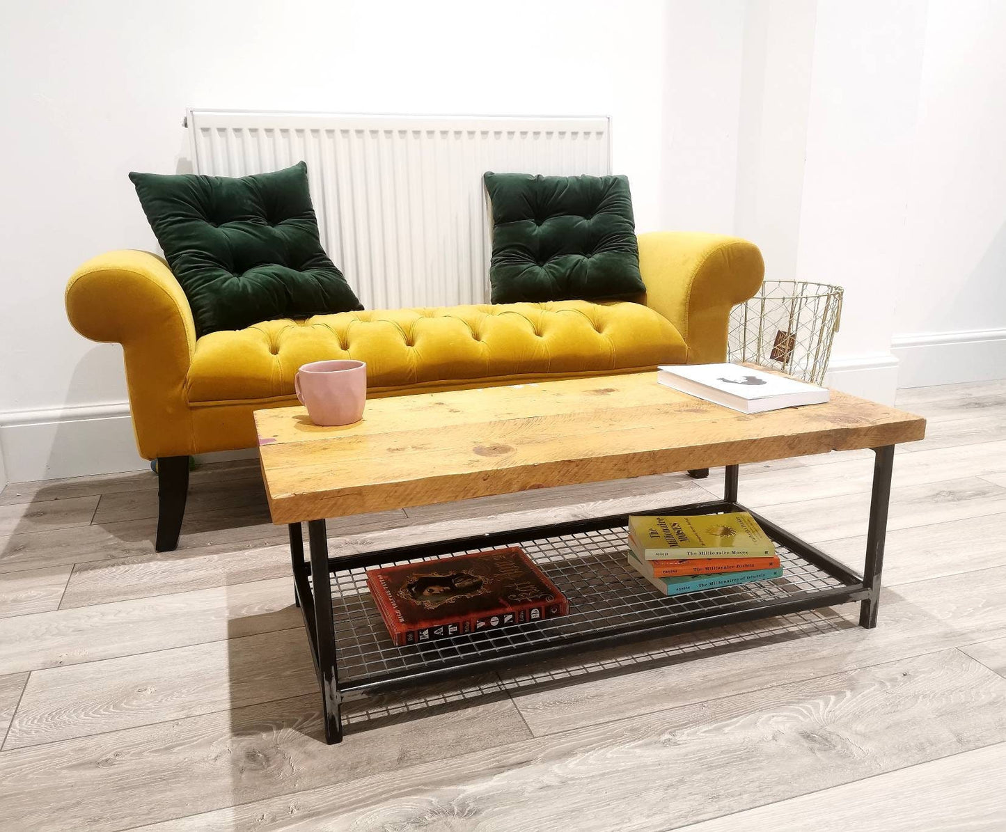 Industrial Raw Steel and Reclaimed Scaffold Board Coffee Table with Mesh Shelf