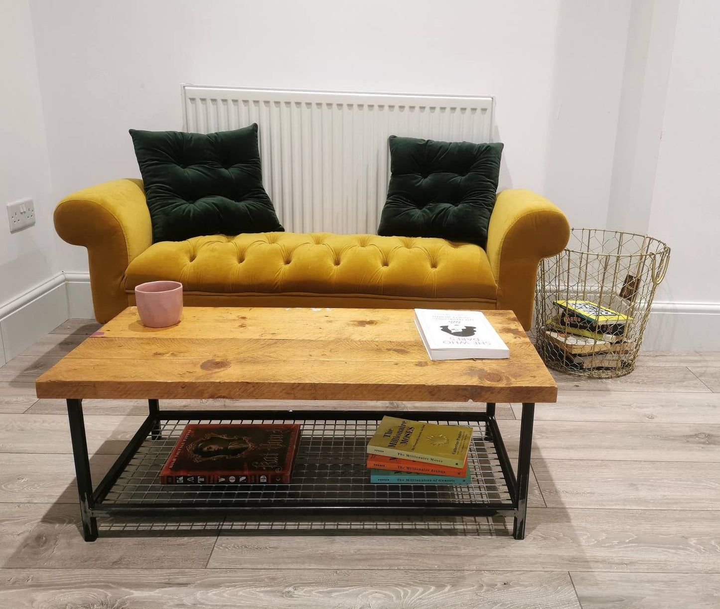 Industrial Raw Steel and Reclaimed Scaffold Board Coffee Table with Mesh Shelf