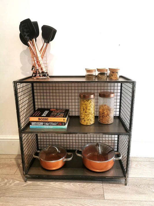 Metal and Wire Mesh Storage Unit - Industrial Side Board - Steel Display Cabinet