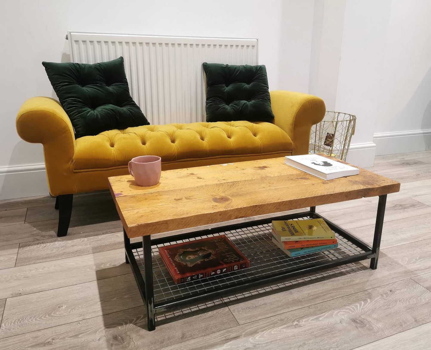 Industrial Raw Steel and Reclaimed Scaffold Board Coffee Table with Mesh Shelf