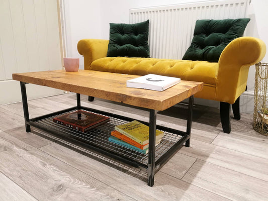 Industrial Raw Steel and Reclaimed Scaffold Board Coffee Table with Mesh Shelf