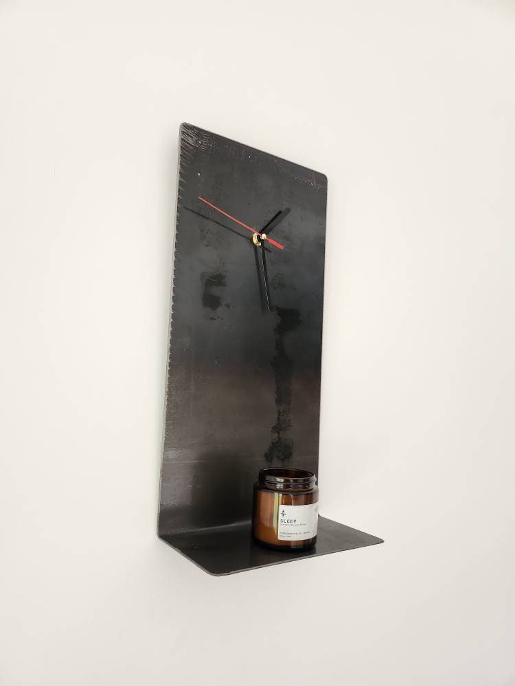 Raw Steel Wall Clock Shelf - metal Clock Shelf - Metal Clock - Industrial Clock with Shelf - Time Piece