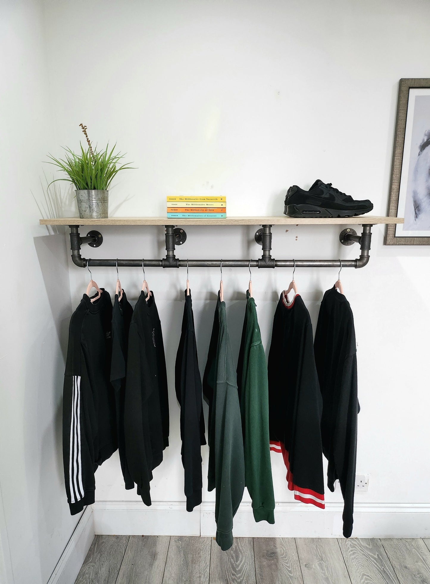 Industrial Clothes Rail with Light Oak Shelf -  Urban Clothes Storage - Wardrobe