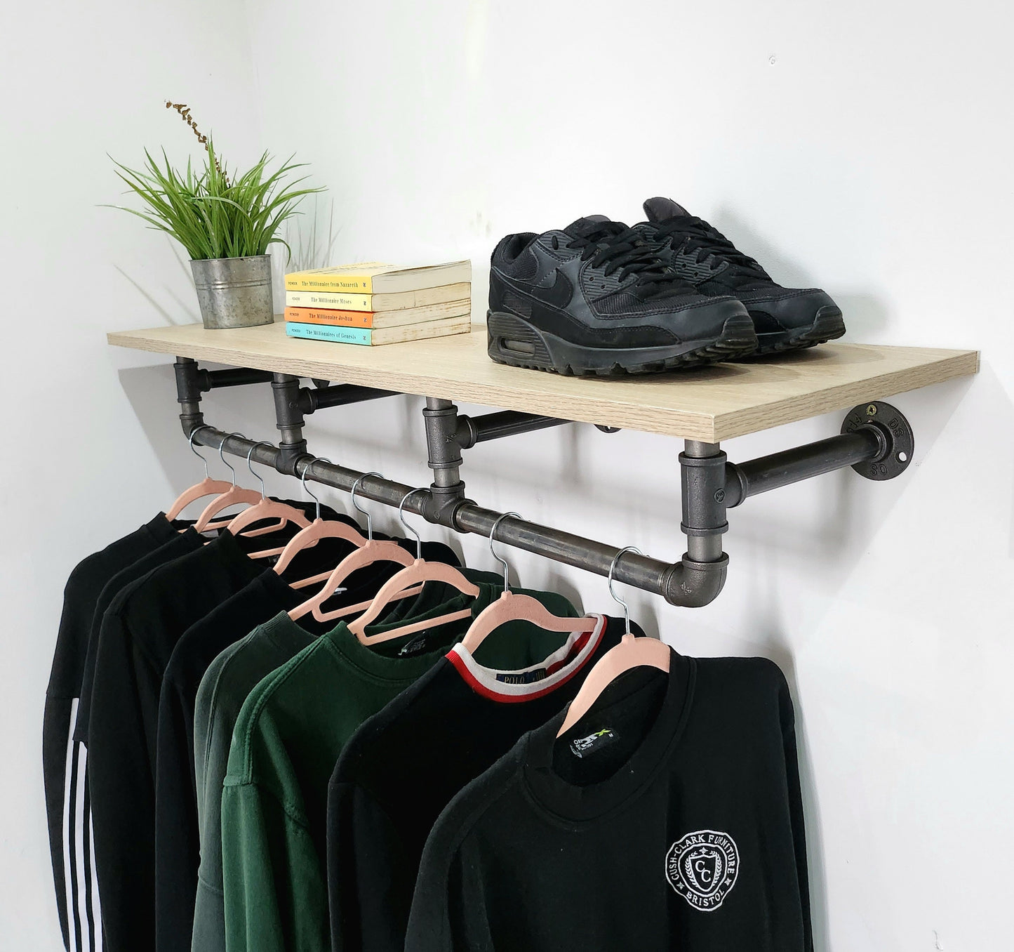 Industrial Clothes Rail with Light Oak Shelf -  Urban Clothes Storage - Wardrobe